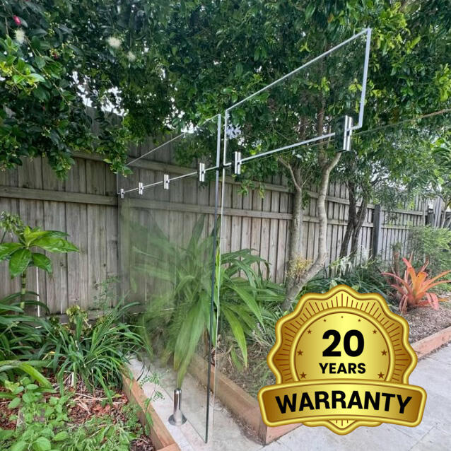 Perspex Fence Sunshine Coast Warranty Glass Fence with clear Perspex acrylic extensions attached to the top and a gold badge in the bottom right corner stating "20 Years Warranty"